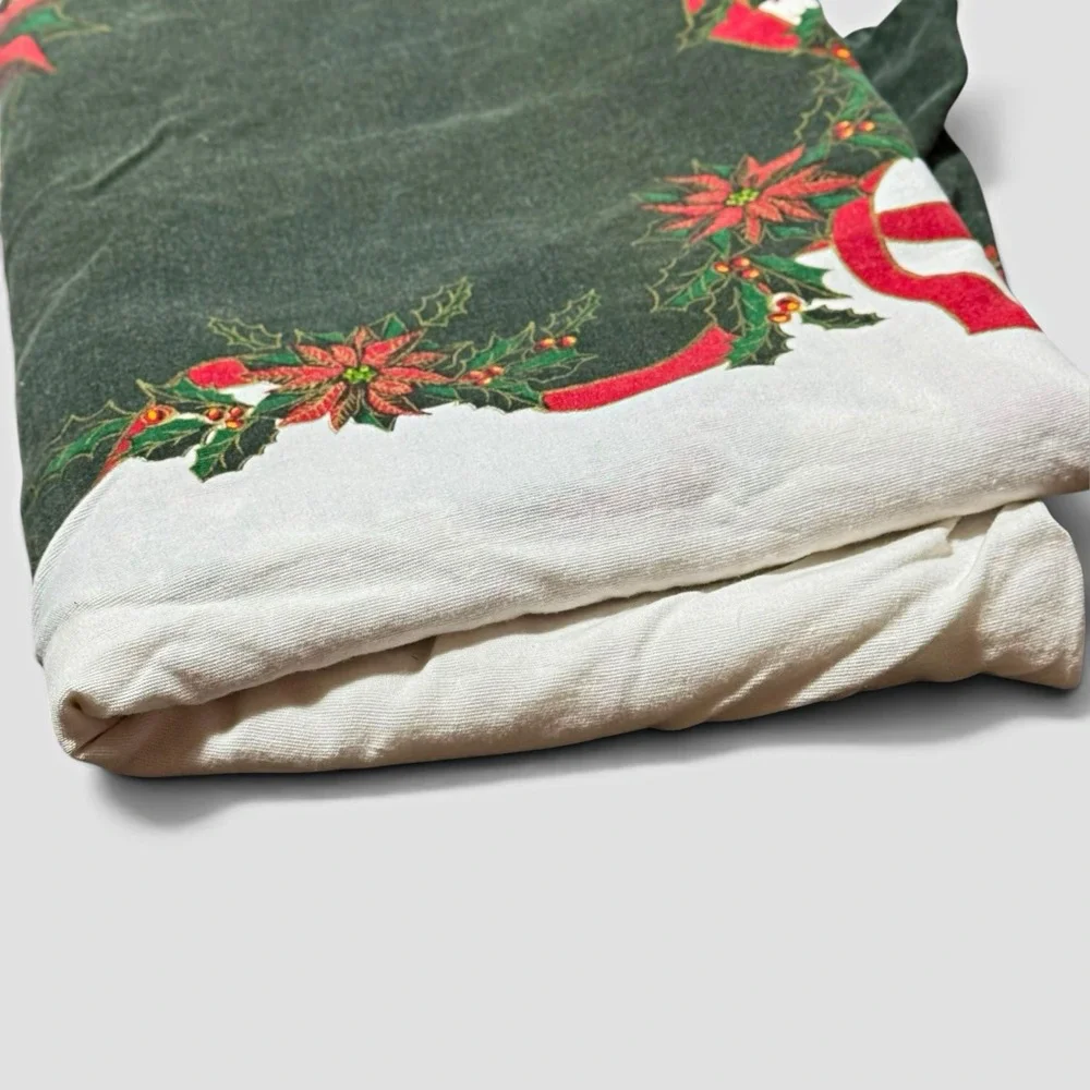 Vtg Christmas Tablecloth 81x57 Rectangle Poinsettia Holly Ribbon Cottagecore 80s